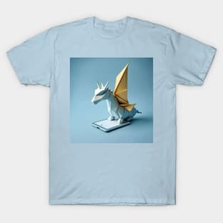 Nordic origami dragon sitting on the phone T-Shirt